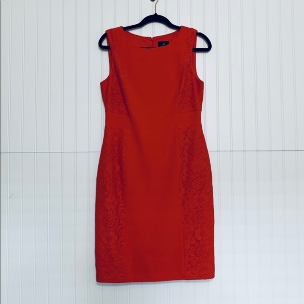Adrianna Papell Red Orange Lace Trim Sheath Dress